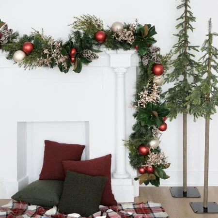 Red ball and magnolia decorated Christmas garland, 7 x 108”