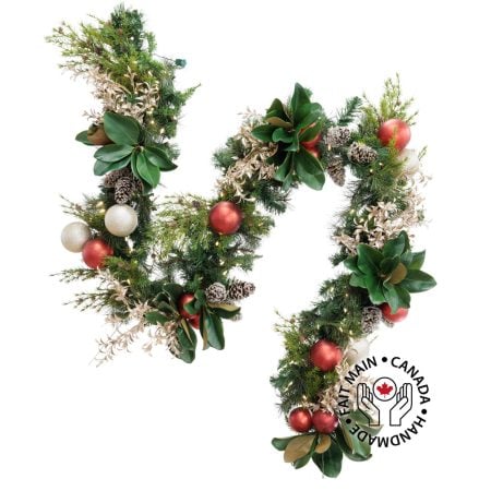 Red ball and magnolia decorated Christmas garland, 7 x 108”