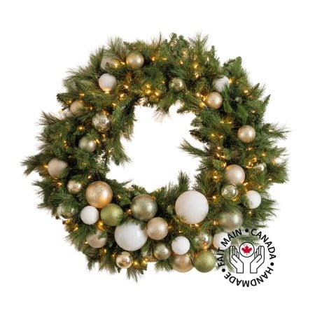 Illuminated Christmas wreath, chic ornaments, 30 x 30”
