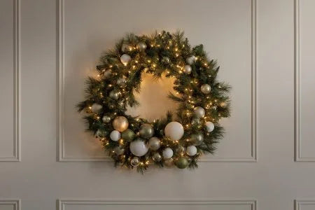 Illuminated Christmas wreath, chic ornaments, 30 x 30”