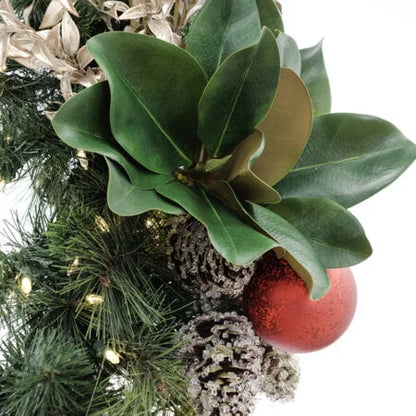 Red ball and magnolia decorated Christmas garland, 7 x 108”
