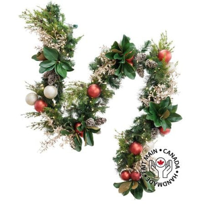 Red ball and magnolia decorated Christmas garland, 7 x 108”